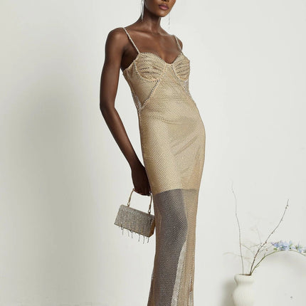Alyssa Gold Crystal Bustier Midi Dress Spaghetti Straps Ankle-Length Semi-Sheer Fabric Fitted Rear Zip Fastening