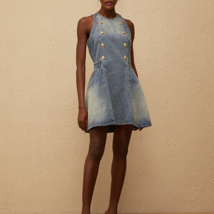 Alyssa Mini Dress in Blue Faded Denim with Gold Buttons and Puff Skirt