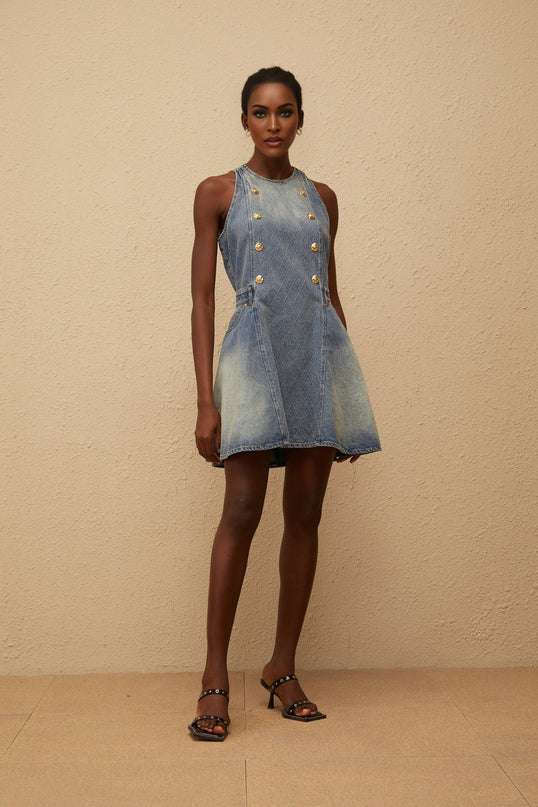 Alyssa Mini Dress in Blue Faded Denim with Gold Buttons and Puff Skirt