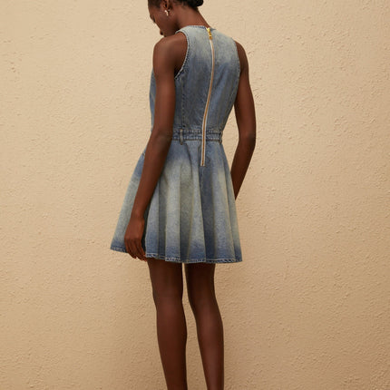 Alyssa Mini Dress in Blue Faded Denim with Gold Buttons and Puff Skirt