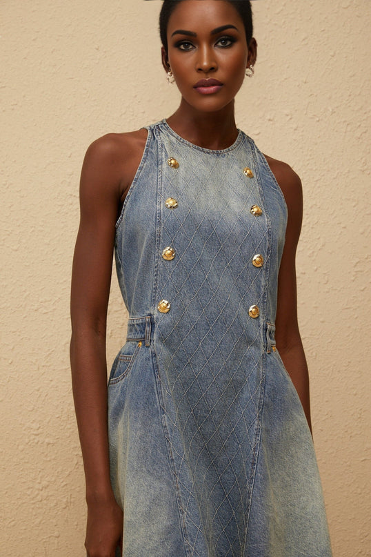 Alyssa Mini Dress in Captivating Blue Faded Denim Sleeveless Belt Loops Embossed Gold-Tone Buttons Puff Skirt Side Slit Pockets Rear Zip Fastening Thigh-Length 100% Cotton