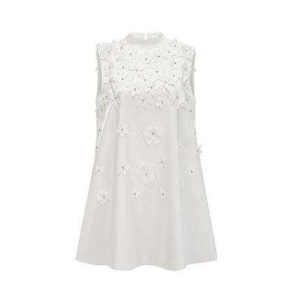 Alyssa Mini Dress in White Crystal Embellished Thigh-Length Sleeveless Faux-Flower Design Straight Hem Rear Zip Fastening 70% Terylene 30% Cotton Elegant Chic Graceful