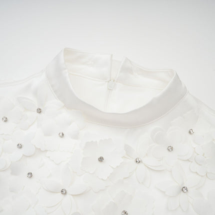 Alyssa Mini Dress in White with Crystal Embellishments and Faux-Flower Design