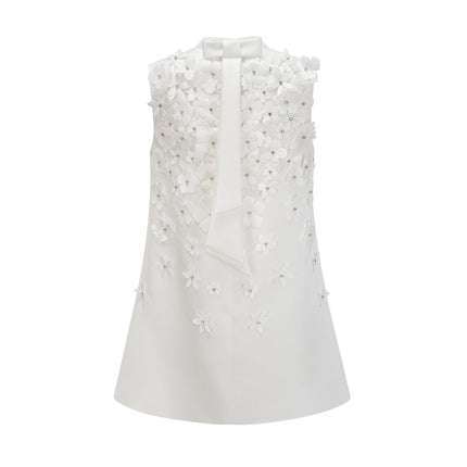 Alyssa White Crystal Embellished Mini Dress with Faux-Flower Design