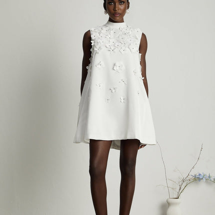 Alyssa White Crystal Embellished Mini Dress 5'10 Model Size M Round Neck Faux-Flower Design Straight Hem Rear Zip Fastening 70% Terylene 30% Cotton Sophistication Elegance