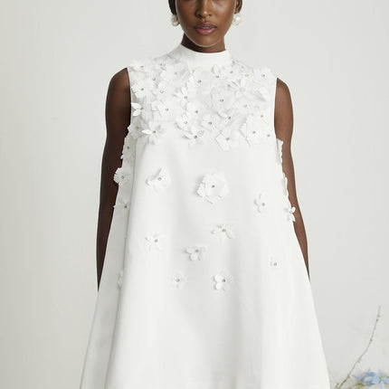 Alyssa White Crystal Embellished Mini Dress with Faux-Flower Design