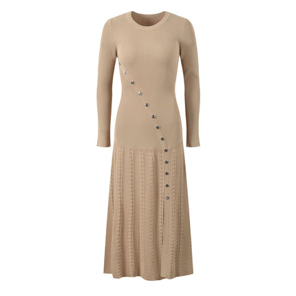 Amabile Beige Ribbed Knit Midi Dress with Button Detail
