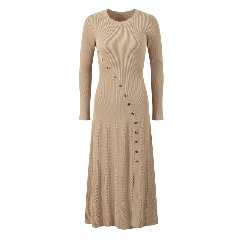 Amabile Beige Ribbed Knit Midi Dress with Button Detail