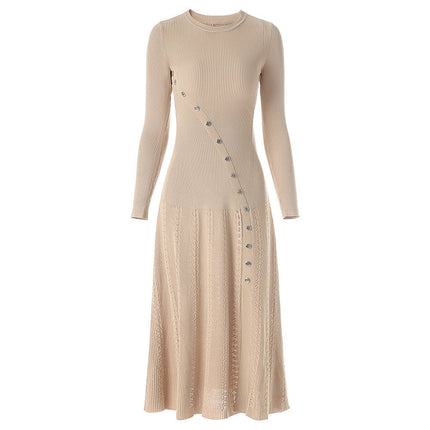 Amabile Beige Ribbed Knit Midi Dress with Button Detail