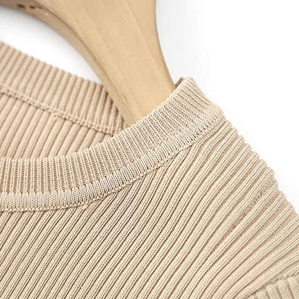 Amabile Beige Ribbed Knit Midi Dress with Button Detail
