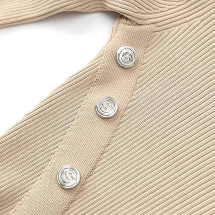 Amabile Beige Ribbed Midi Dress with Button Detail