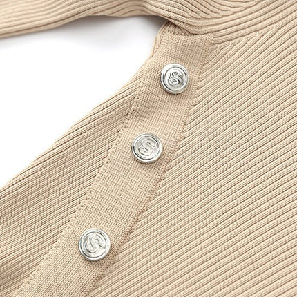 Amabile Beige Ribbed Midi Dress with Button Detail