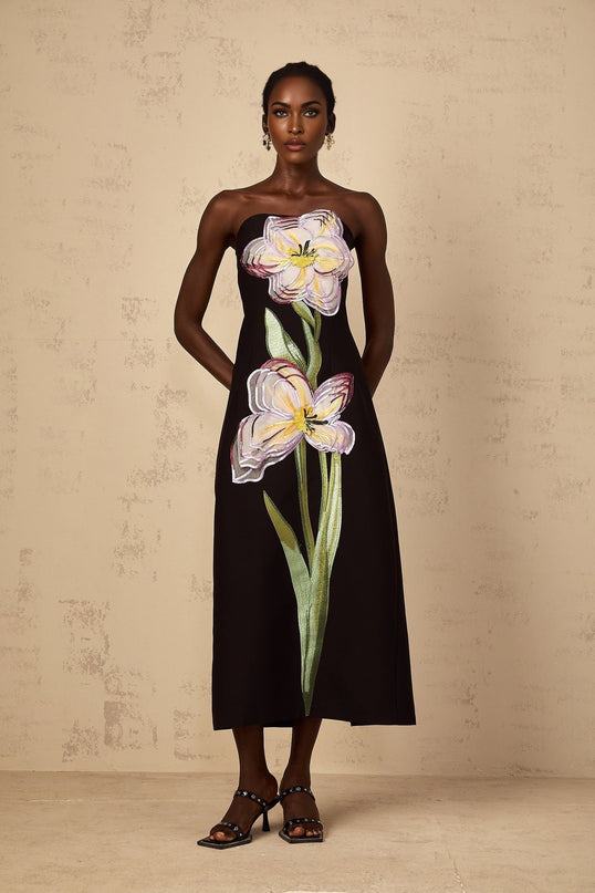 Amabile Black Floral Embroidered Sequin Midi Dress