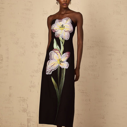 Amabile Black Midi Dress with Floral Embroidery and Sequin Embellishments