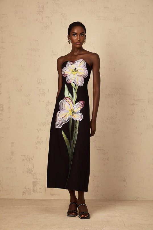 Amabile Black Midi Dress with Floral Embroidery and Sequin Embellishments