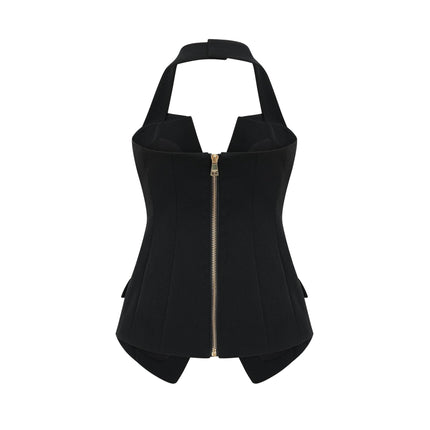 Amabile Black Sleeveless Halterneck Double-Breasted Top with Gold Buttons and Flap Pockets