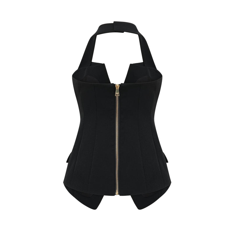 Amabile Black Sleeveless Halterneck Double-Breasted Top with Gold Buttons and Flap Pockets