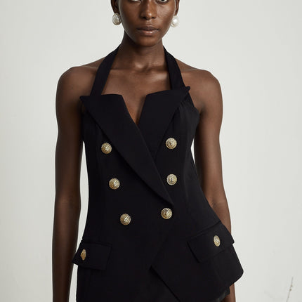 Amabile Black Sleeveless Halterneck Top with Embossed Gold-Tone Buttons and Peak Lapels
