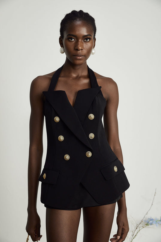 Amabile Black Sleeveless Halterneck Top with Embossed Gold-Tone Buttons and Peak Lapels
