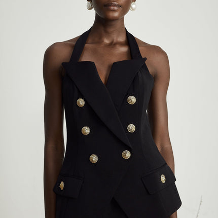 Amabile Black Sleeveless Halterneck Top with Embossed Gold Buttons