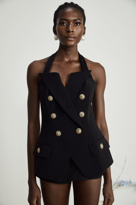 Amabile Black Sleeveless Halterneck Top with Embossed Gold Buttons
