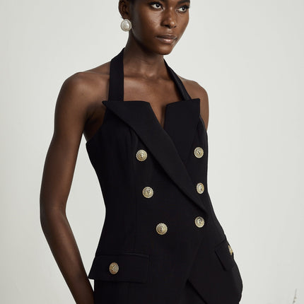Amabile Black Sleeveless Halterneck Top with Embossed Gold Buttons