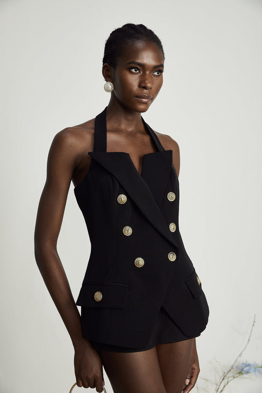 Amabile Black Sleeveless Halterneck Top with Embossed Gold Buttons