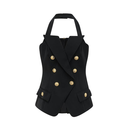 Amabile Black Sleeveless Halterneck Top with Gold Buttons and Flap Pockets