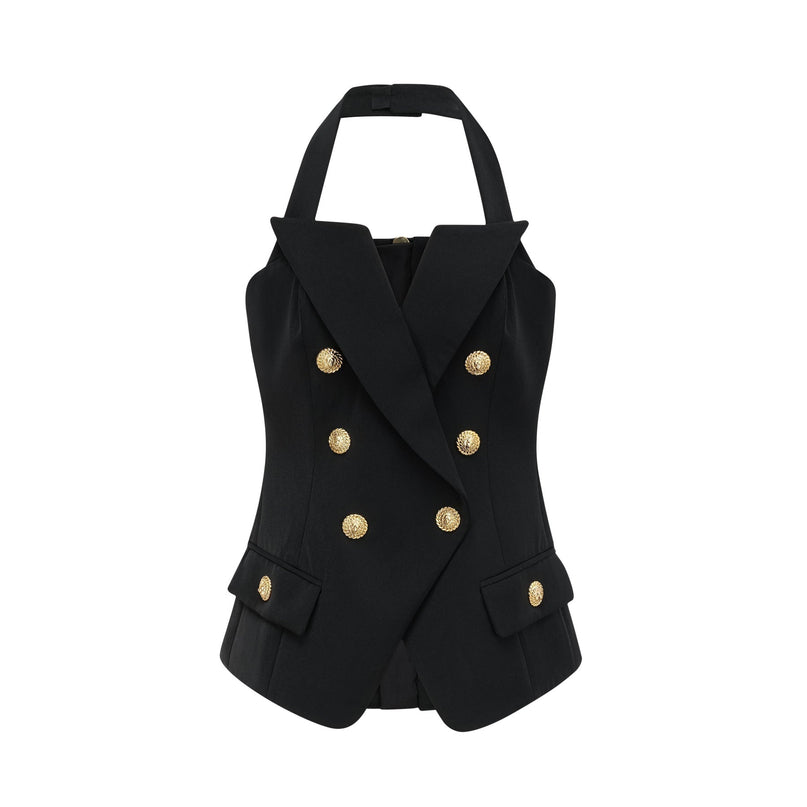 Amabile Black Sleeveless Halterneck Top with Gold Buttons and Flap Pockets
