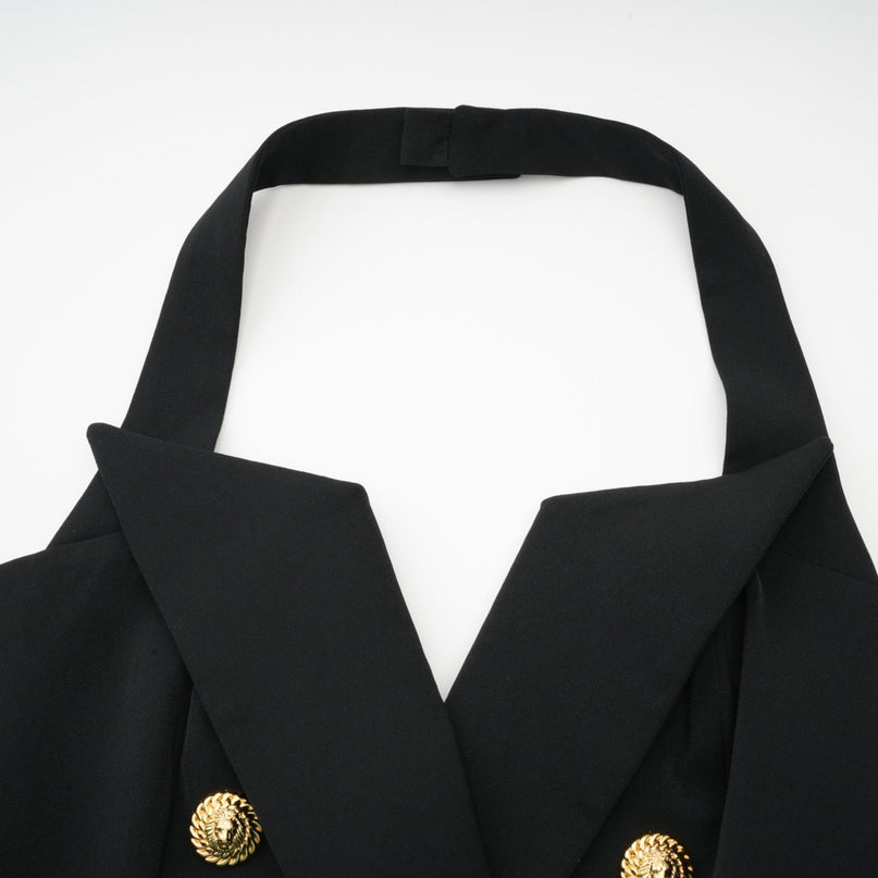 Amabile Black Sleeveless Halterneck Top with Embossed Gold Buttons