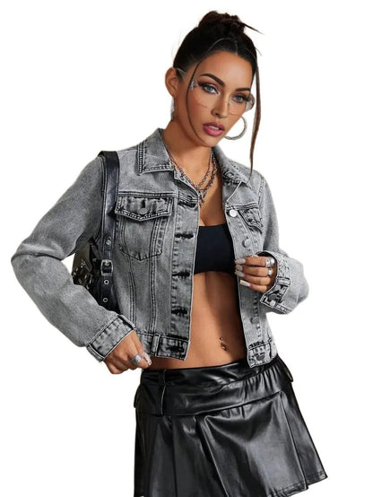 Amabile Cropped Denim Jacket with Modern Styling in Grey - XS