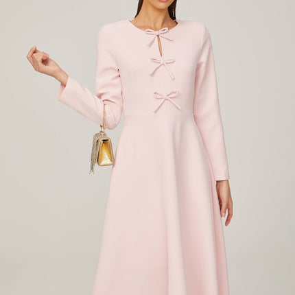 Amabile Pink Midi Dress with Bowknot Detailing and Flared Skirt