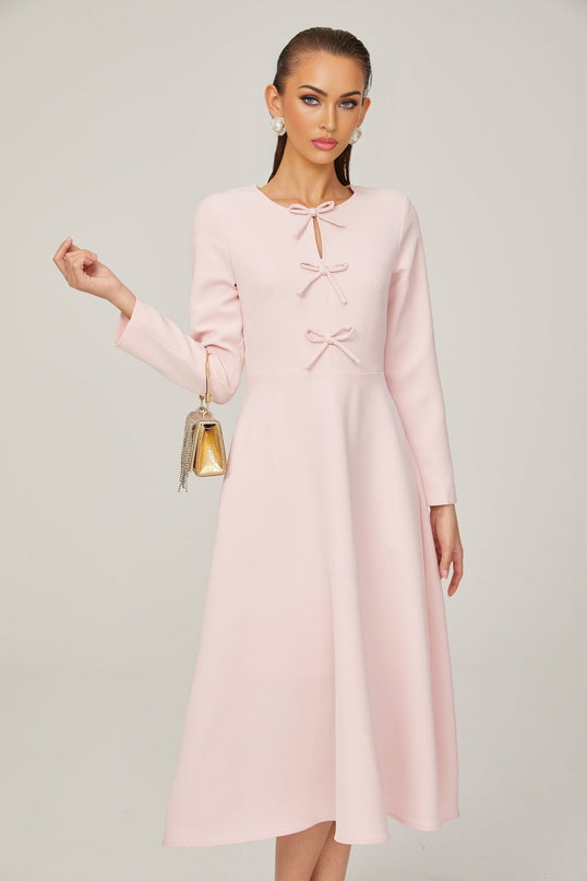 Amabile Pink Midi Dress with Bowknot Detailing and Flared Skirt