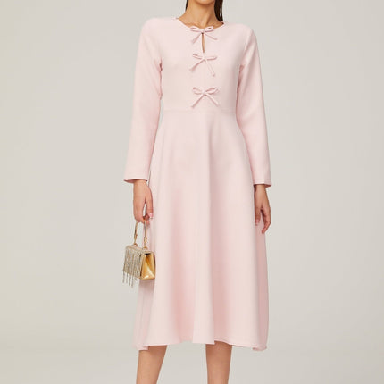 Amabile Pink Midi Dress with Bowknot Detailing and Flared Skirt