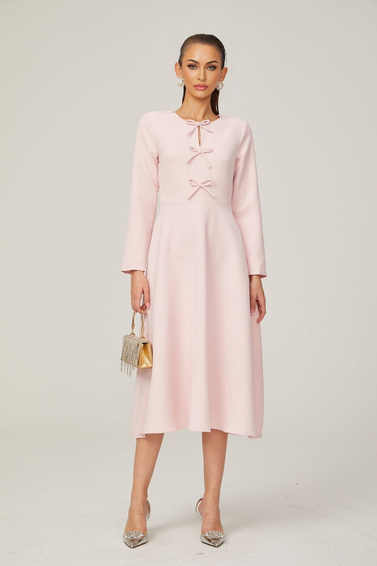 Amabile Pink Midi Dress with Bowknot Detailing and Flared Skirt