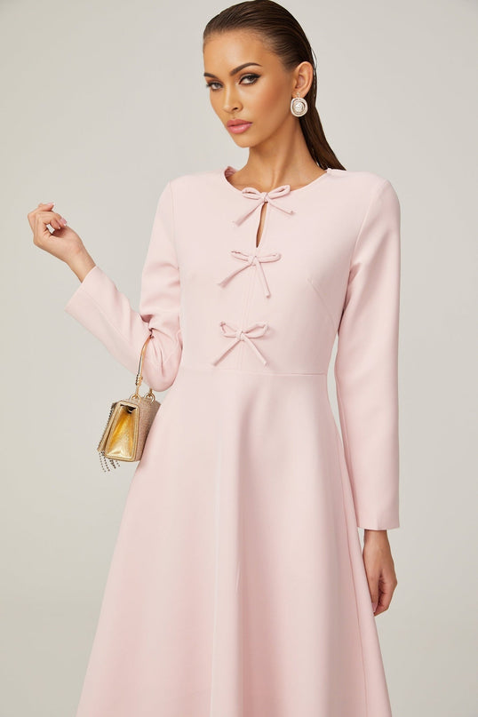 Amabile Pink Midi Dress with Bowknot Detailing and Flared Skirt