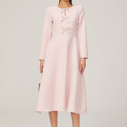 Amabile Pink Midi Dress with Bowknot Detailing and Flared Skirt