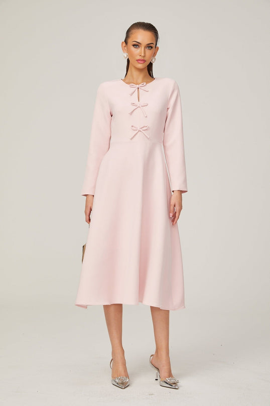 Amabile Pink Midi Dress with Bowknot Detailing and Flared Skirt