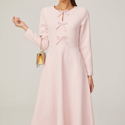Amabile Pink Midi Dress with Bowknot Detailing and Flared Skirt
