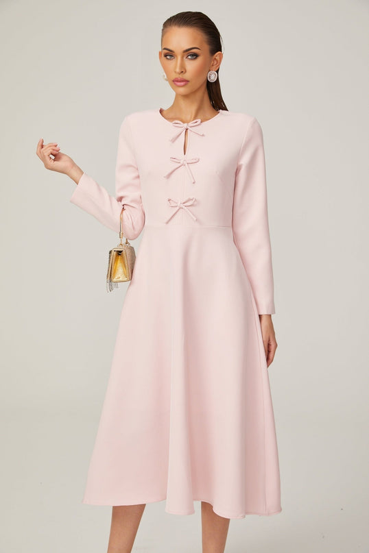 Amabile Pink Midi Dress with Bowknot Detailing and Flared Skirt