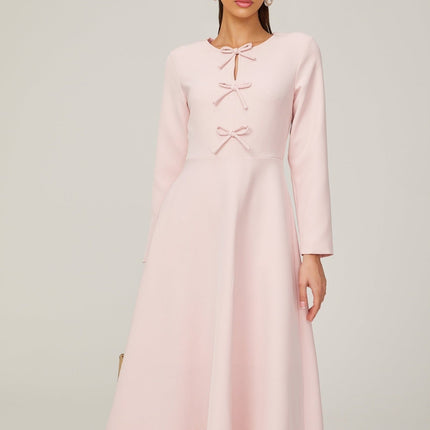 Amabile Pink Midi Dress with Bowknot Detailing and Flared Skirt