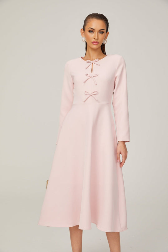 Amabile Pink Midi Dress with Bowknot Detailing and Flared Skirt