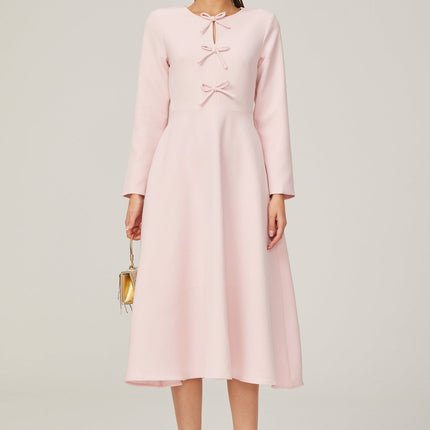 Amabile Pink Midi Dress with Bowknot Detailing and Flared Skirt