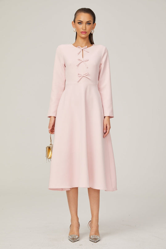Amabile Pink Midi Dress with Bowknot Detailing and Flared Skirt