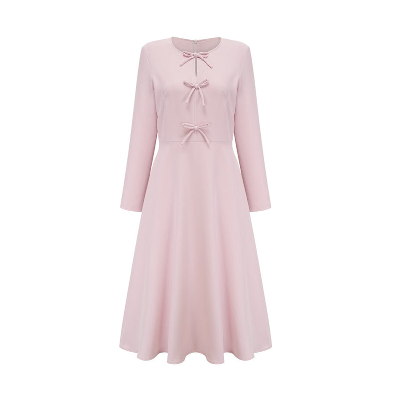 Amabile Pink Midi Dress with Bowknot Detailing and Flared Skirt