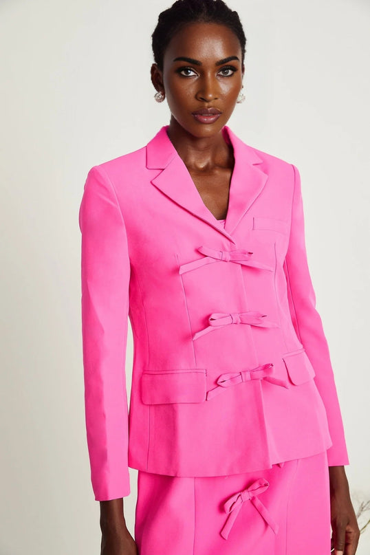 Amabile Pink Wool Polyester Jacket Dress Matching Set Bowknot Detail
