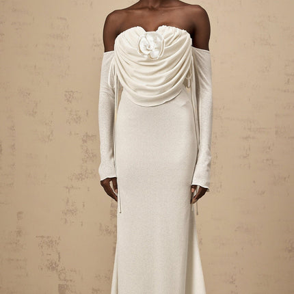 Amabile White Floral Maxi Dress with Off-Shoulder Design and Ruched Detailing
