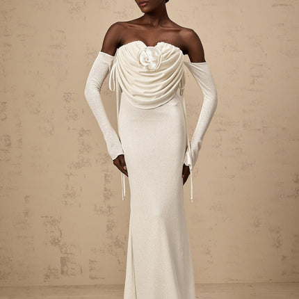 Amabile White Floral Maxi Dress with Off-Shoulder Design and Flared Cuffs