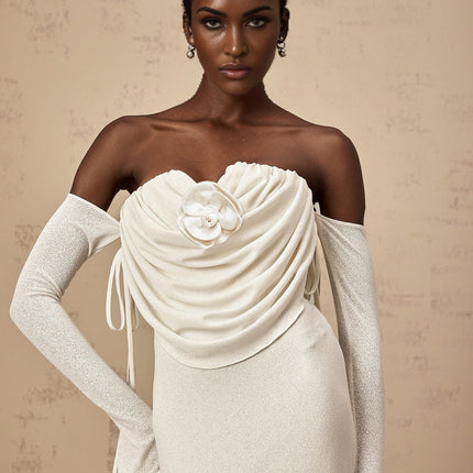 Amabile White Floral Maxi Dress with Off-Shoulder Design and Flared Cuffs