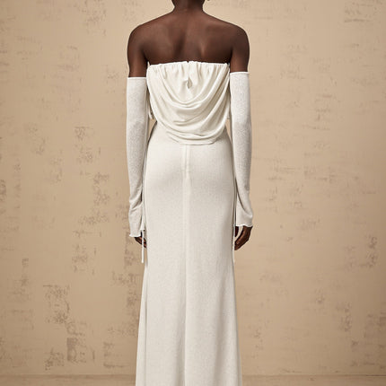 Amabile White Floral Maxi Dress with Off-Shoulder Design and Flared Hem